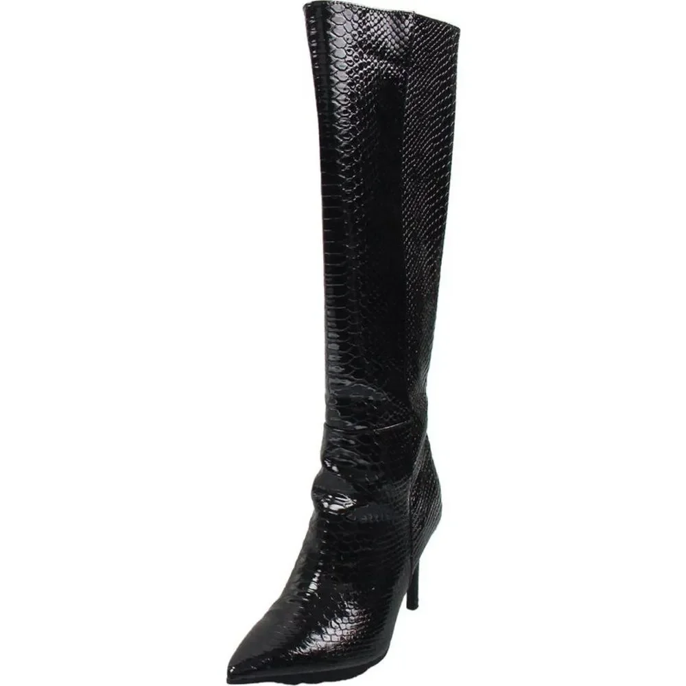 Guess Womens Richee Black Zipper Patent Knee-High Boots Used